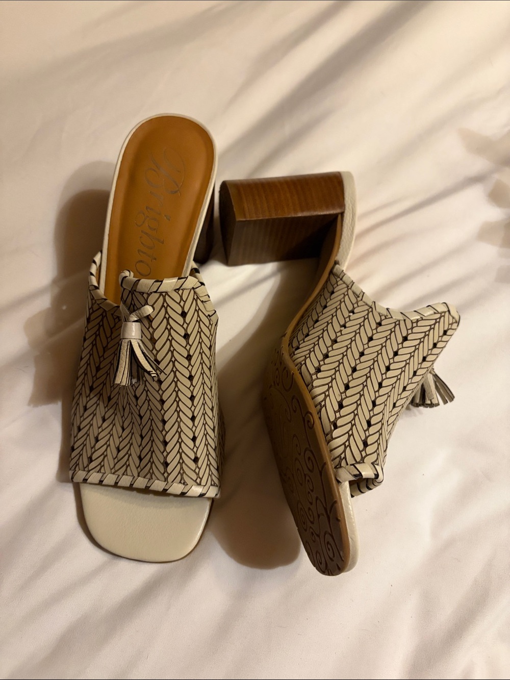 Brighton Rhea Woven Tassel Block Heel Mules — Cream